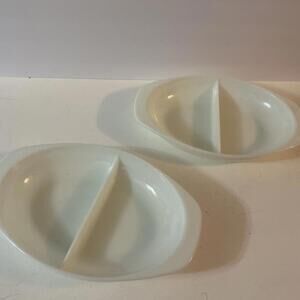 Vtg 2 Pyrex Oval Divided Casserole Dishes  #1063  1.5 Quart White Milk Glass